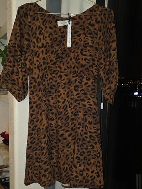 STILLWATER Brown Black Animal Leopard Print Mini Side Zip Dress Lined Large (M)